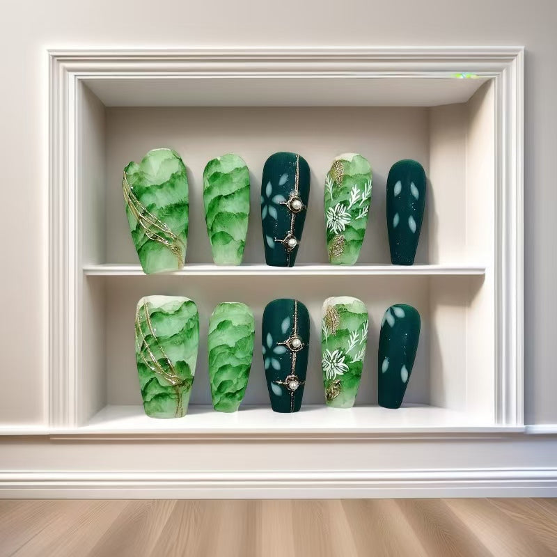 Misty River Medium Length Hand Painted Acrylic Press On Nails - Reusable