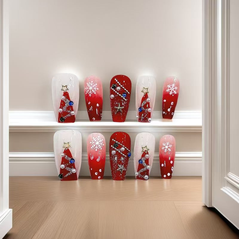 Christmas Party Medium Length Hand Painted Acrylic Press On Nails - Reusable