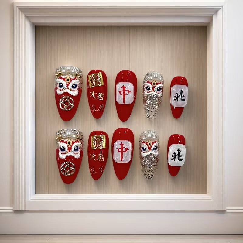 Embossed Lion Dance Almond Shape Hand Painted Acrylic Press On Nails