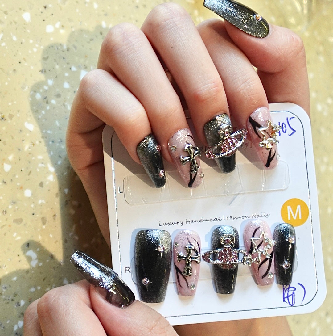 Pink Planet Medium Length Hand-Painted Press On Nails