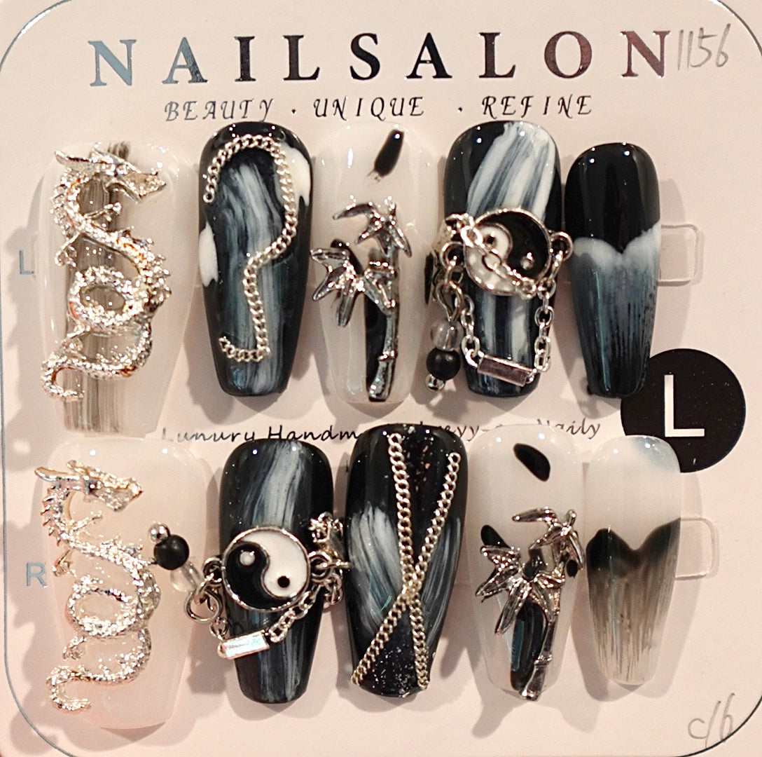 Neo-Chinese Style Medium Length Hand Painted Acrylic Press On Nails