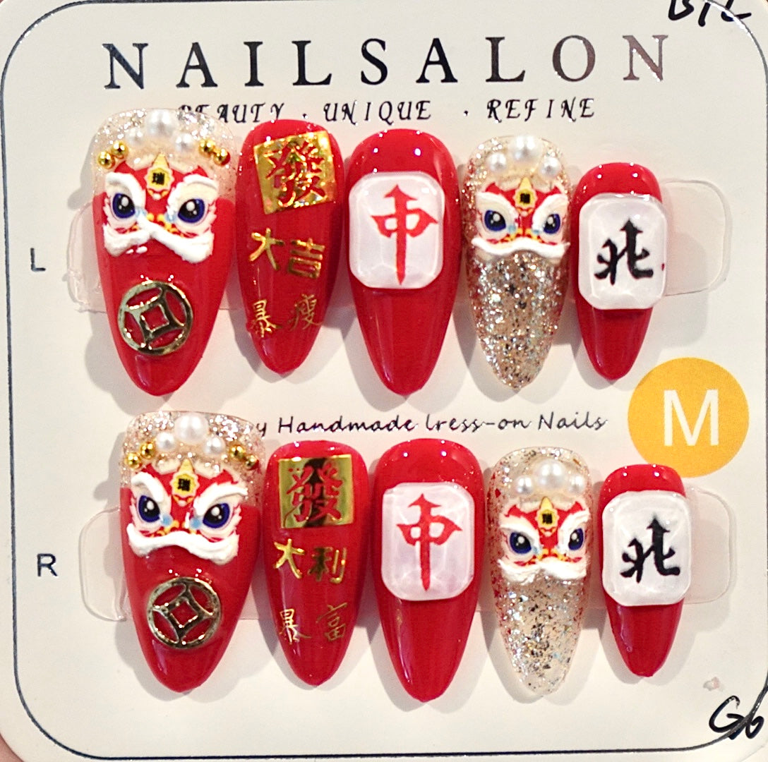 Embossed Lion Dance Almond Shape Hand Painted Acrylic Press On Nails