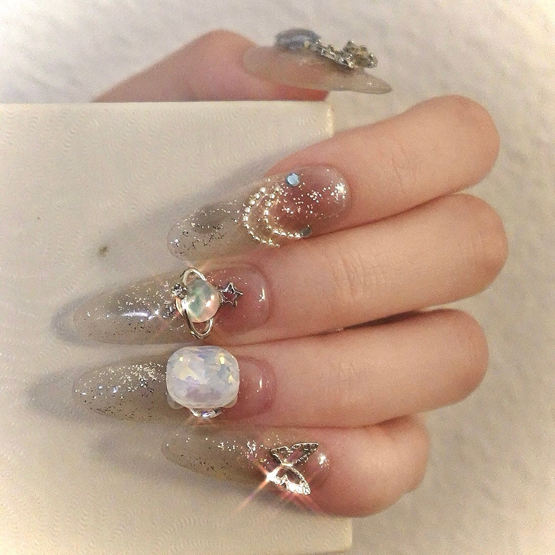 Evening Breeze Long Oval Hand Painted Acrylic Press On Nails