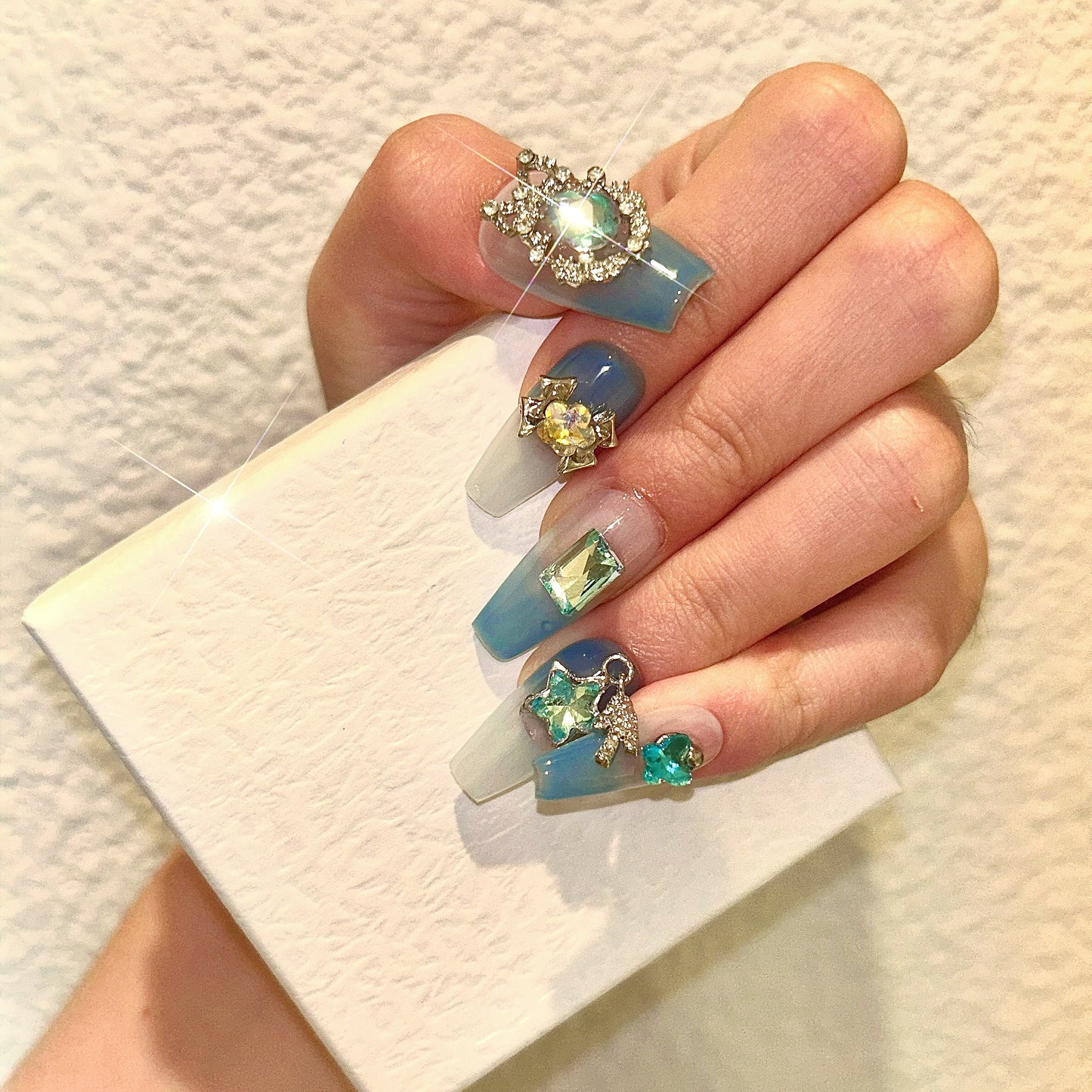 Glacier Butterfly Medium Length Hand Painted Acrylic Press On Nails