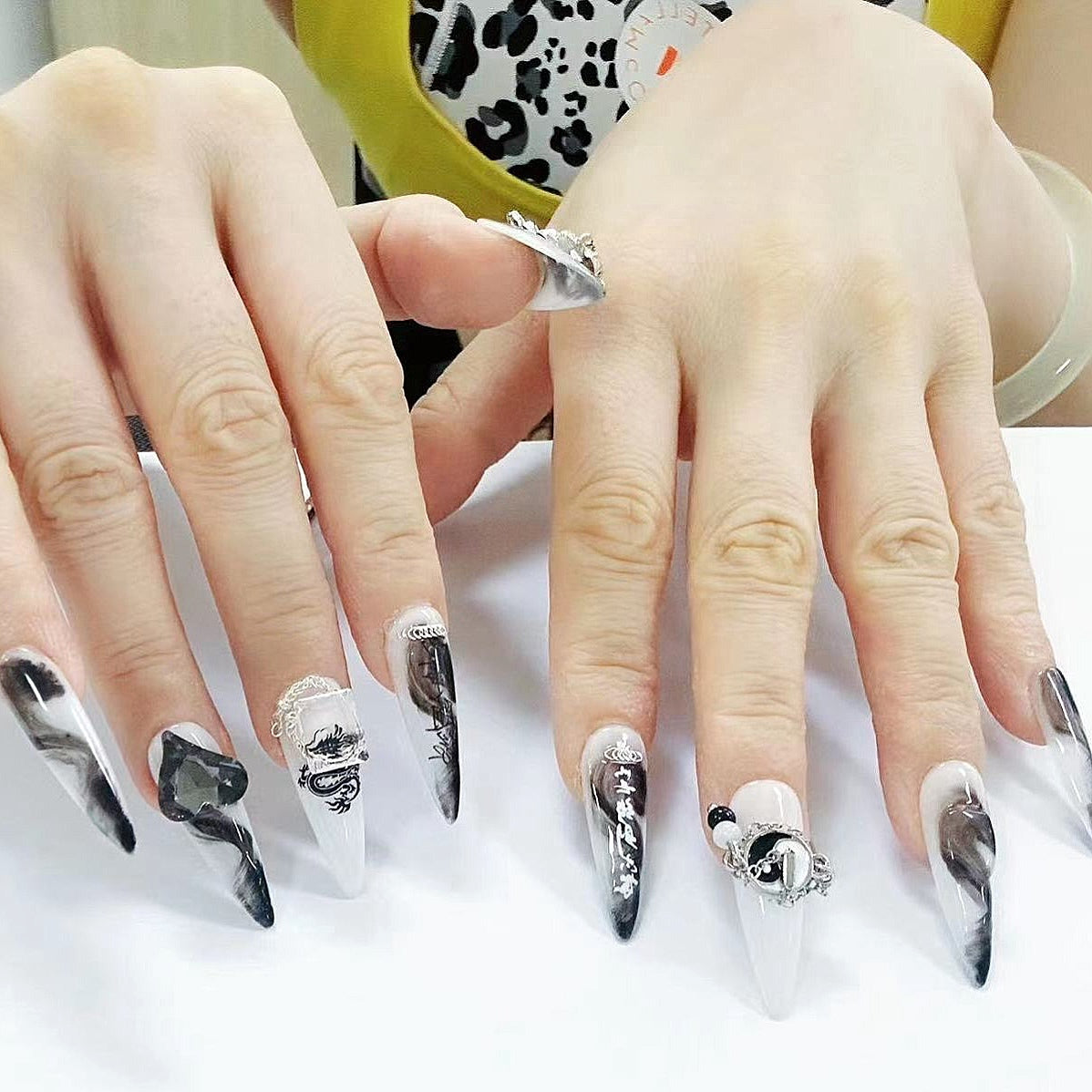 Bagua Tai Chi Long Teardrop Hand Painted Acrylic Press On Nails