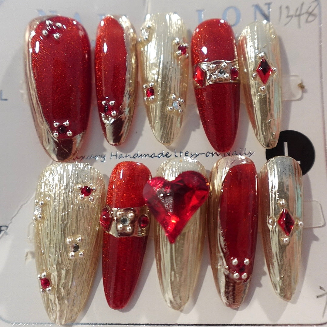 New Year Armor Long Oval Hand Painted Acrylic Press On Nails