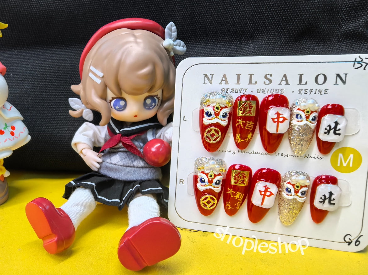 Embossed Lion Dance Almond Shape Hand Painted Acrylic Press On Nails