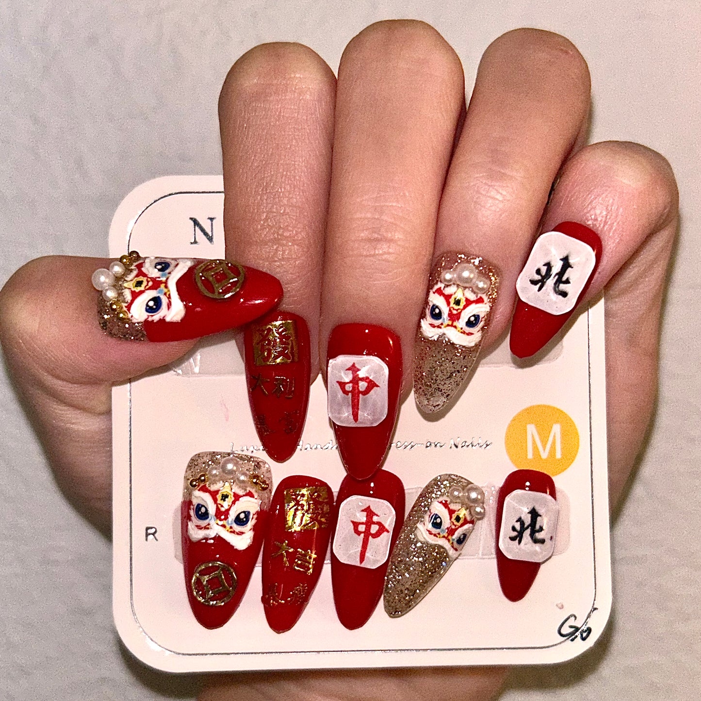 Embossed Lion Dance Almond Shape Hand Painted Acrylic Press On Nails