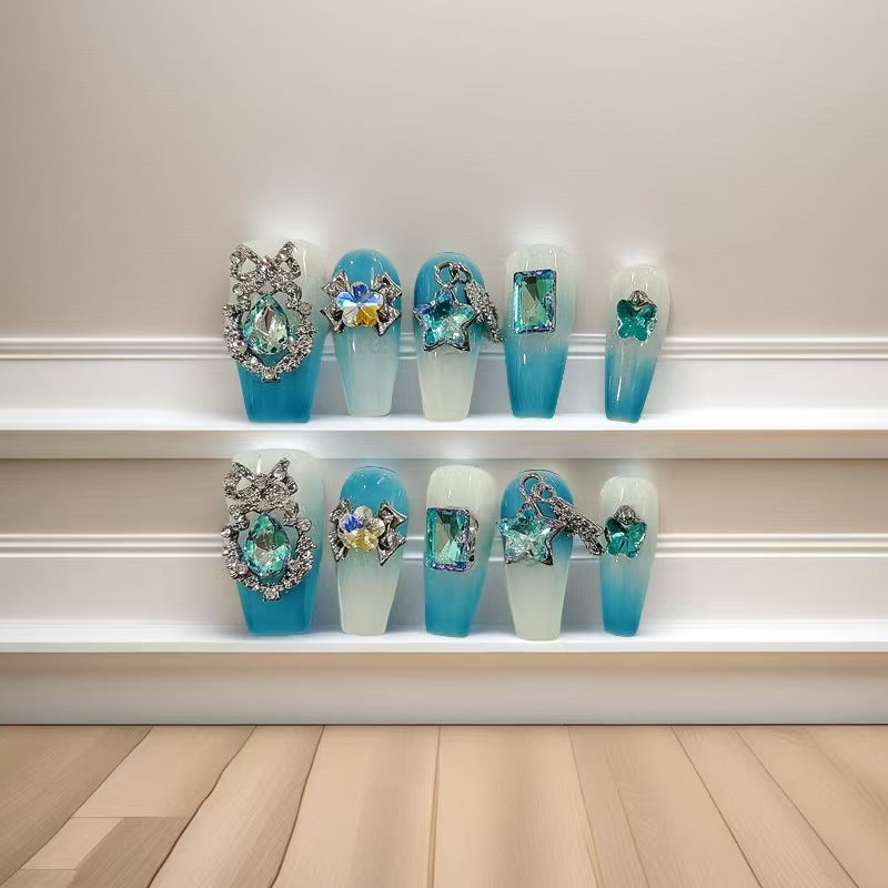 Glacier Butterfly Medium Length Hand Painted Acrylic Press On Nails