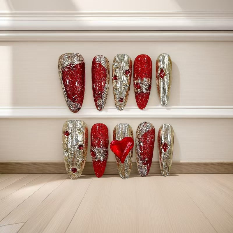 New Year Armor Long Oval Hand Painted Acrylic Press On Nails