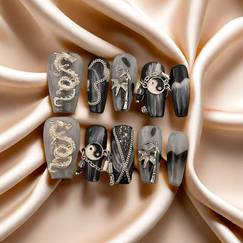 Neo-Chinese Style Medium Length Hand Painted Acrylic Press On Nails