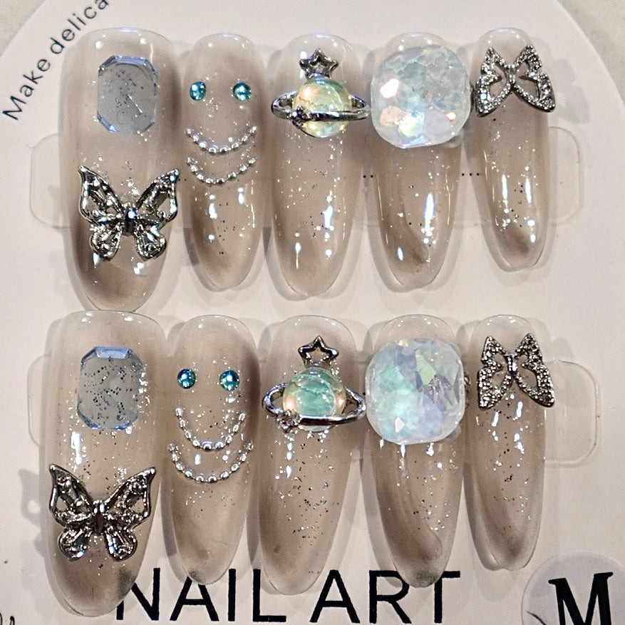 Evening Breeze Long Oval Hand Painted Acrylic Press On Nails