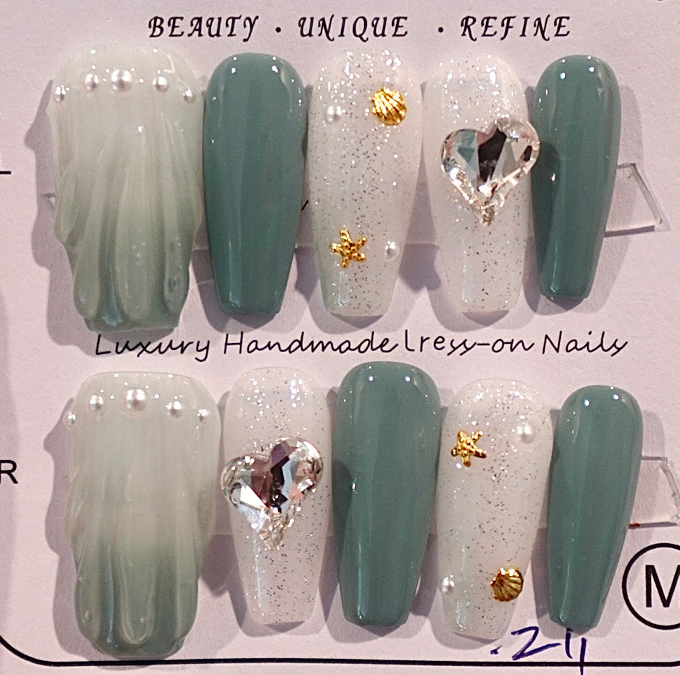 Ocean Shell Medium Length Hand Painted Acrylic Press On Nails