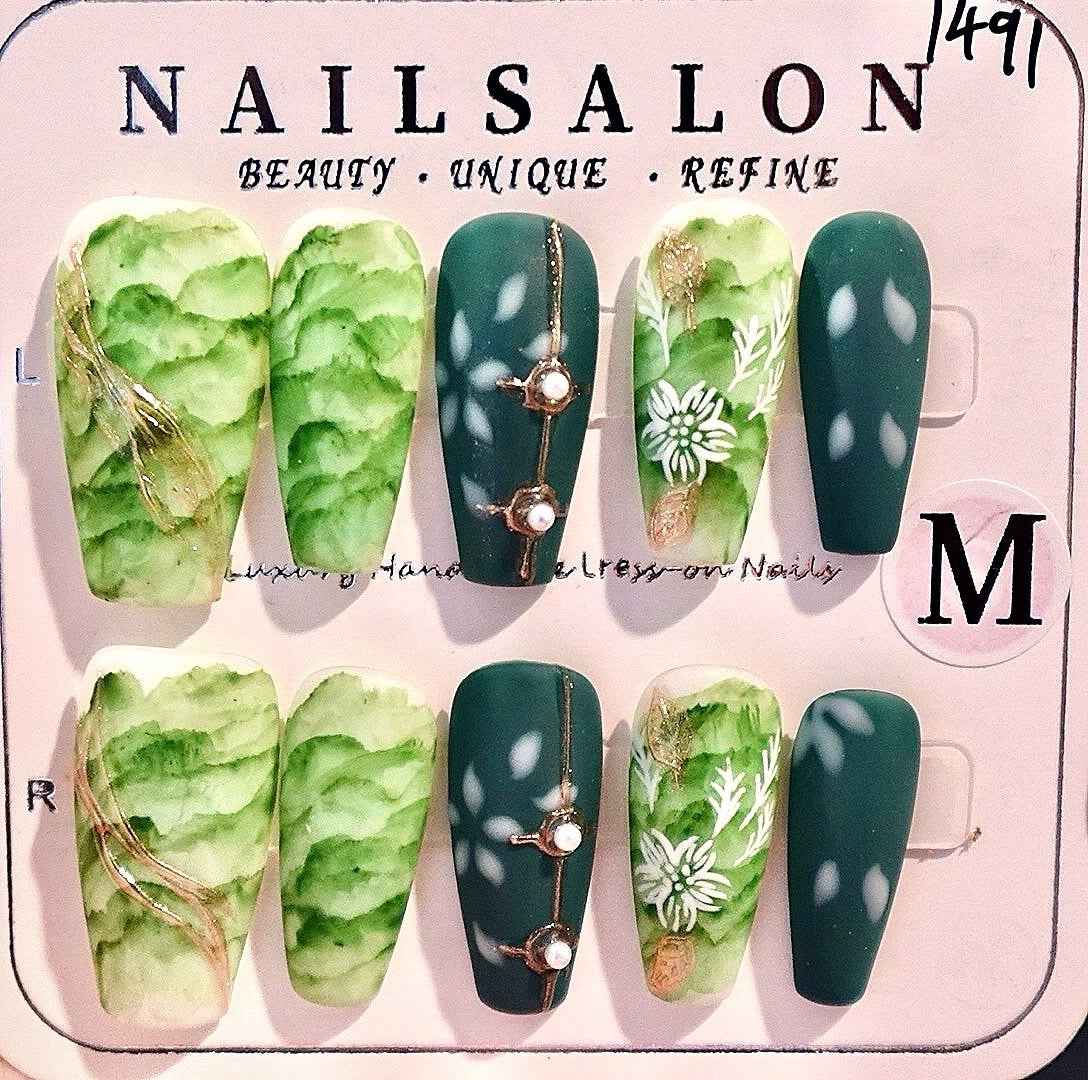 Misty River Medium Length Hand Painted Acrylic Press On Nails - Reusable
