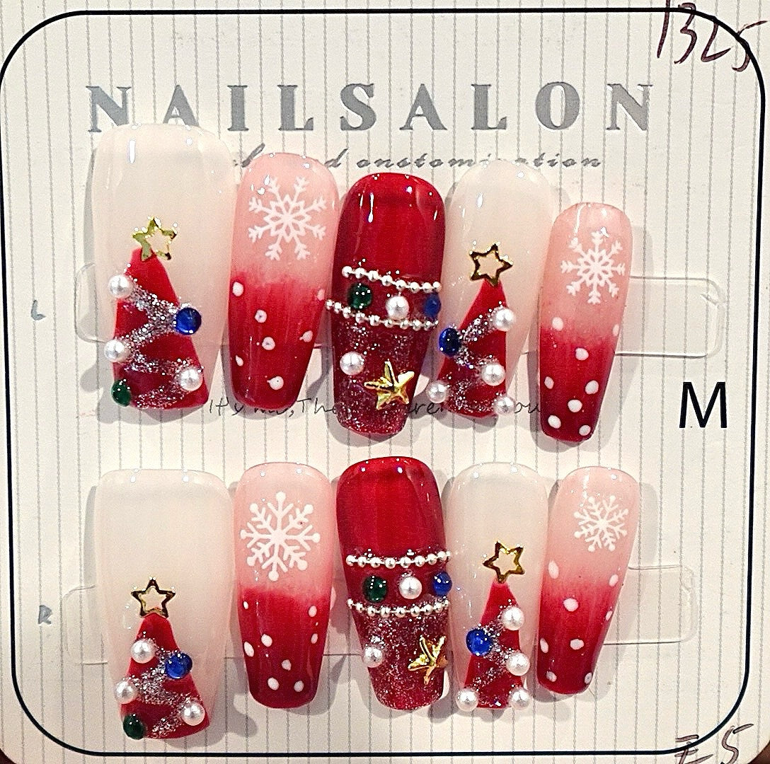Christmas Party Medium Length Hand Painted Acrylic Press On Nails - Reusable