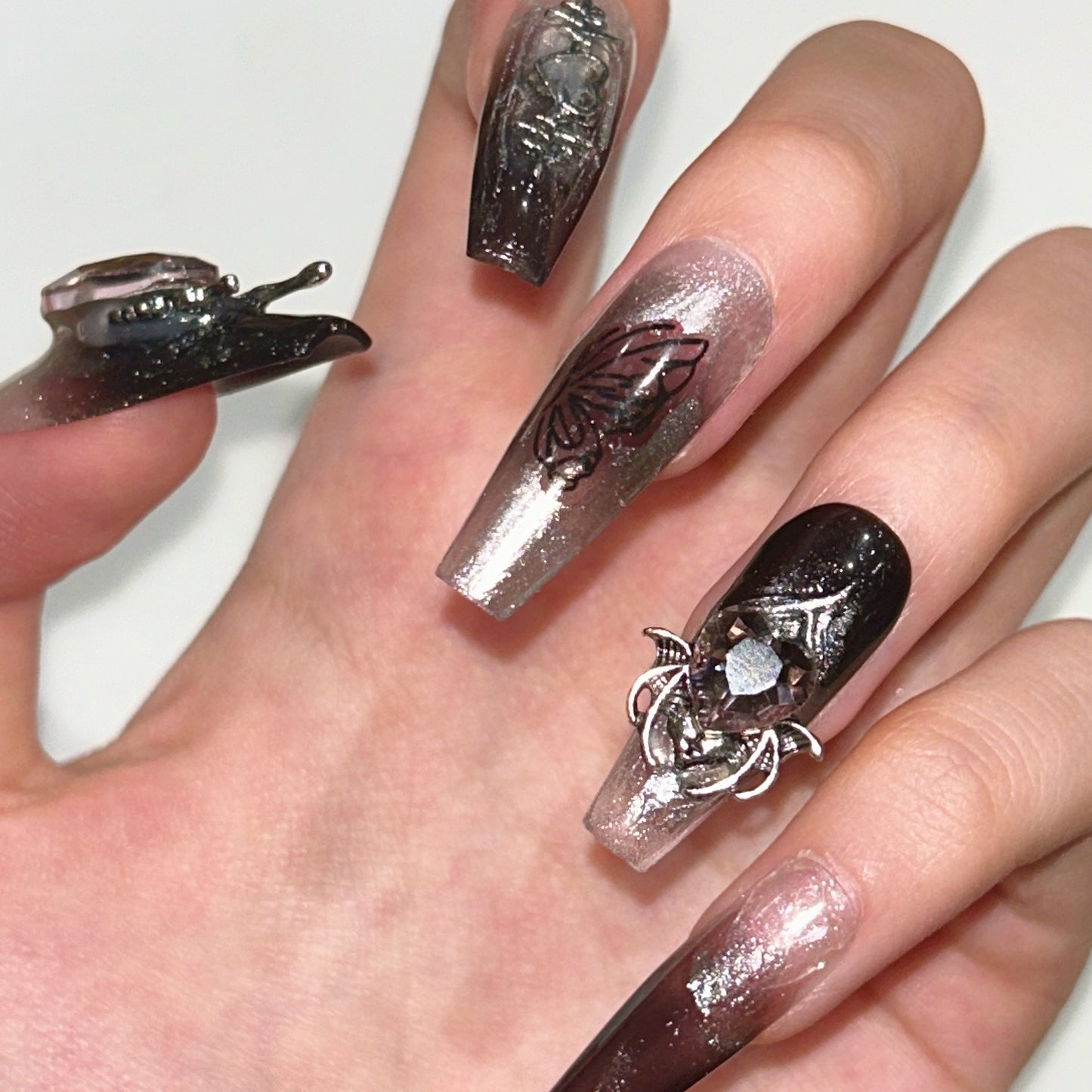 Dark Gothic Butterfly Extra Long Hand Painted Acrylic Press On Nails