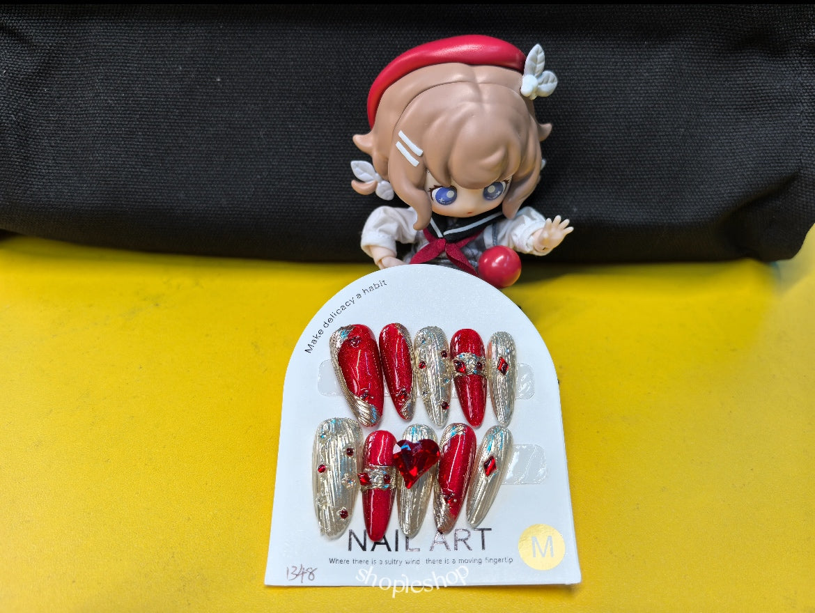 New Year Armor Long Oval Hand Painted Acrylic Press On Nails