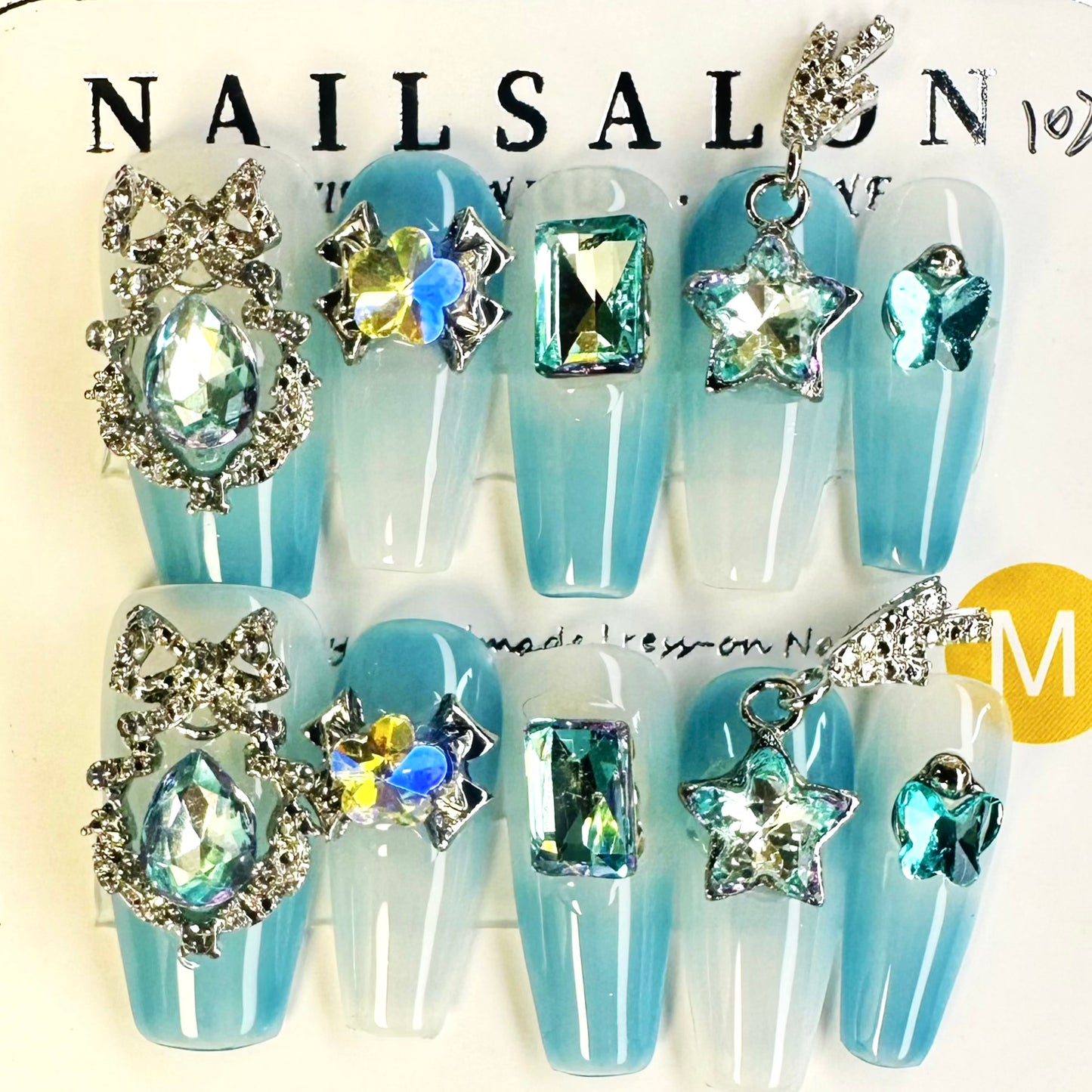 Glacier Butterfly Medium Length Hand Painted Acrylic Press On Nails